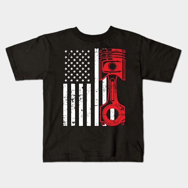 Patriotic American Flag Piston Muscle Car Vintage Distressed Kids T-Shirt by hobrath